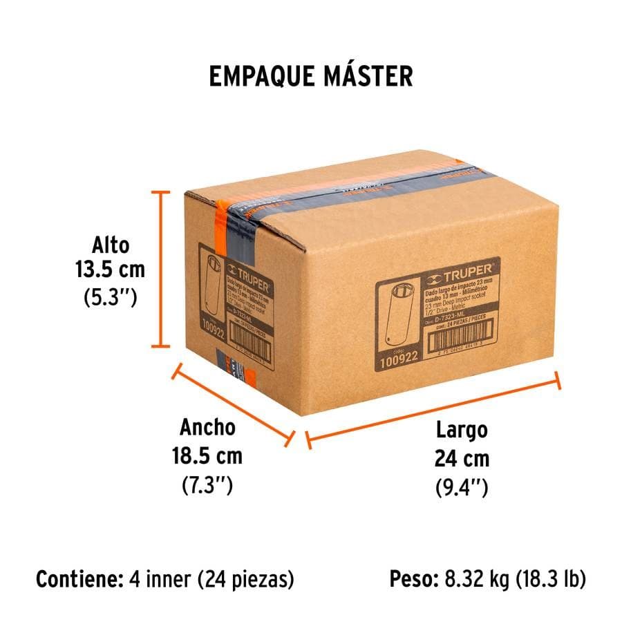DADO LARGO IMPACTO DE 23 MM, 6 PUNTAS, CUADRO 1/2", TRUPER 100922