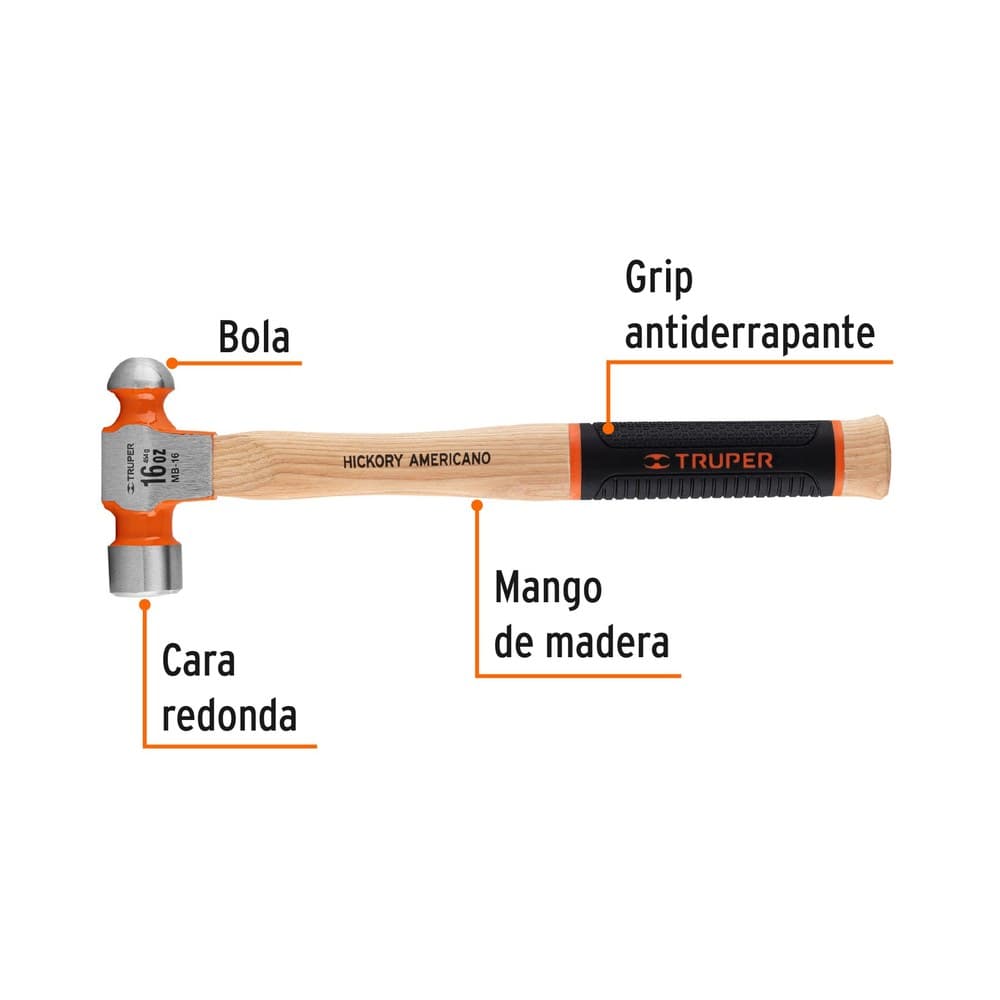 MARTILLO PULIDO DE BOLA 16OZ MANGO HICKORY 16902 - TRUPER
