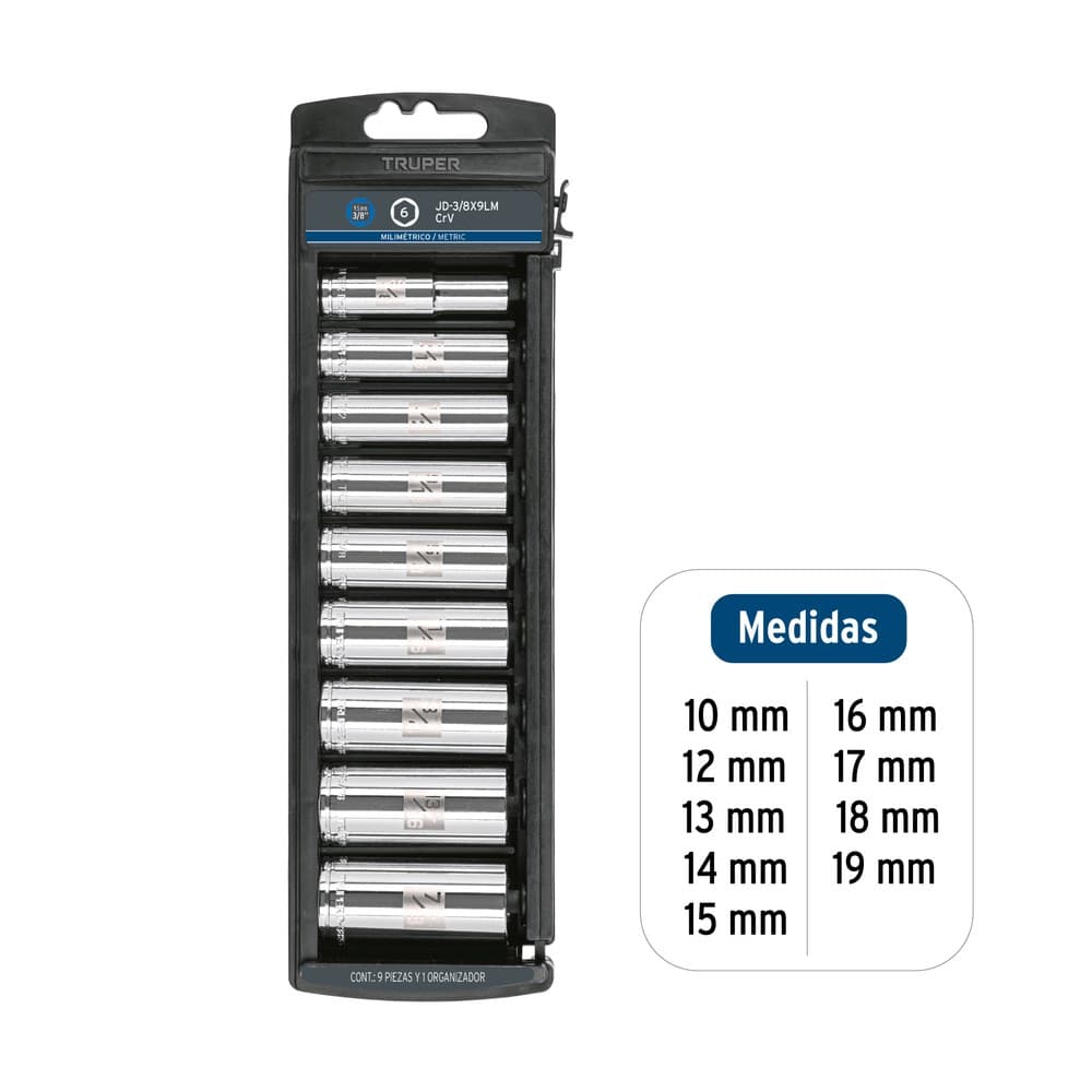 JUEGO DE 9 DADOS LARGOS CUADRO 3/8" MM, TRUPER 14173