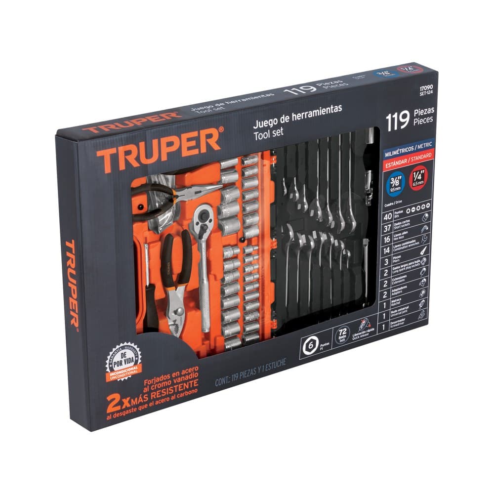 JUEGO DE 119 HERRAMIENTAS 1/4" Y 3/8" MIXTAS PARA MECANICO TRUPER 17090