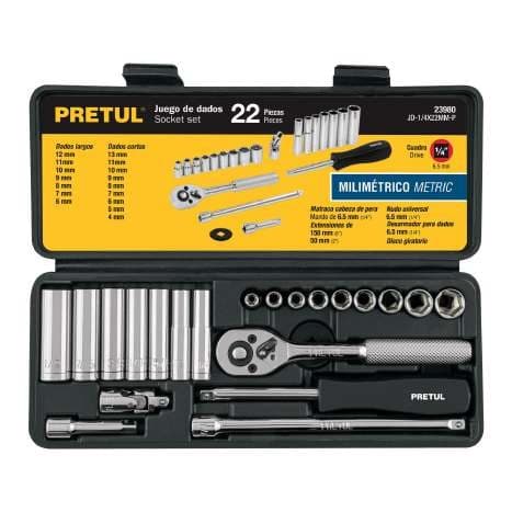 JUEGO DE 22 HERRAMIENTAS 1/4" MM PARA MECÁNICO,
PRETUL 23980