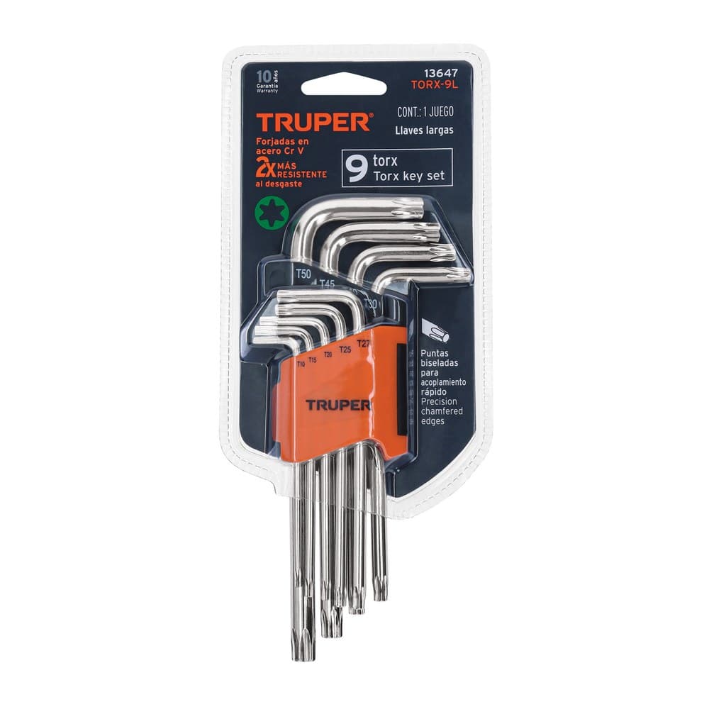 JUEGO DE LLAVES TORX 9 LARGAS CON ORGANIZADOR ABATIBLE, ACERO AL CROMO VANADIO, TORX-9L 13647 TRUPER